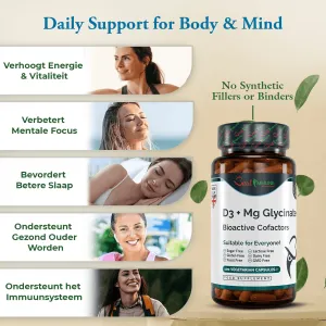 D3 + Magnesium Glycinate Bioactive Complex Premium Quality Natural Product A bottle of D3 and magnesium glycinate capsules next to an infographic with lifestyle photos.