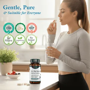 D3 + Magnesium Glycinate Bioactive Complex Premium Quality Natural Product A woman taking a capsule with water next to a bottle of D3 and magnesium glycinate.