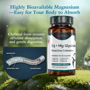 D3 and magnesium glycinate supplement bottle next to an intestinal absorption diagram.