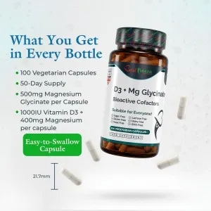 Bottle of D3 and magnesium glycinate with loose capsules, capsule size, and bottle contents.