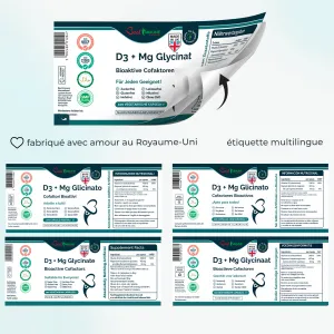 D3 + Magnesium Glycinate Bioactive Complex Premium Quality Natural Product Peel-back multilingual supplement labels displaying nutritional facts in multiple languages.