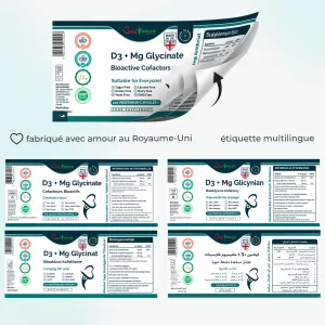 Peel-back multilingual label and supplement facts for D3 and magnesium glycinate.