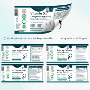 Magnesium Glycinate + D3 Essential Cofactors Complex Premium Quality Natural Product Multilingual peel-back product labels showing supplement facts and ingredients.