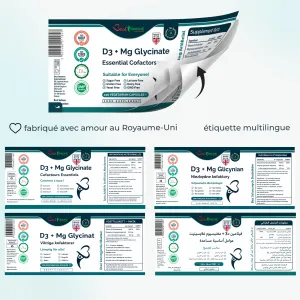Multilingual peel-back product label showing ingredients and supplement facts.