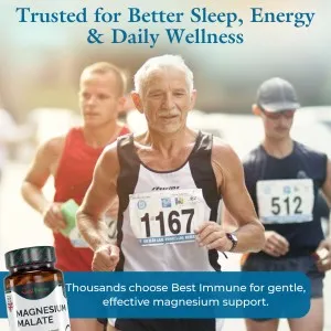 Natural Magnesium Malate 500mg Premium Grade Ideal Strength 100 Vegan Capsules A bottle of magnesium malate capsules beside an older man running in a race.