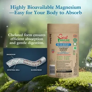 Improved Magnesium Glycinate 500mg Nothing Artificial Added 100 Vegan Capsules Eco-pack Kraft pouch of magnesium glycinate capsules beside an intestinal absorption diagram.