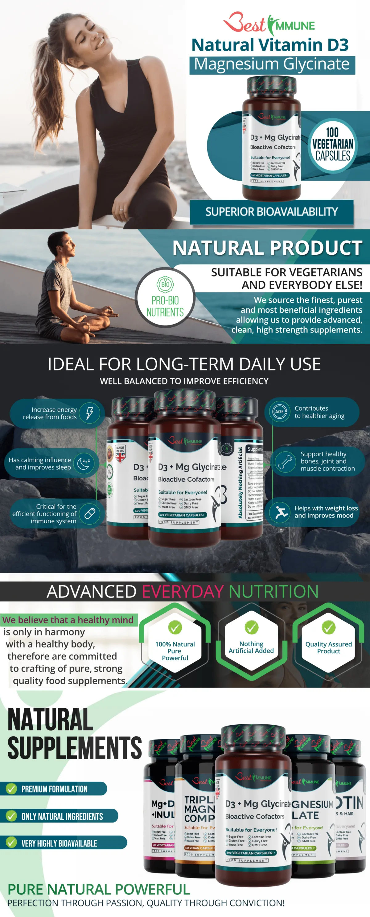 Infographic detailing benefits and features of Best Immune Natural Vitamin D3 Magnesium Glycinate supplement.