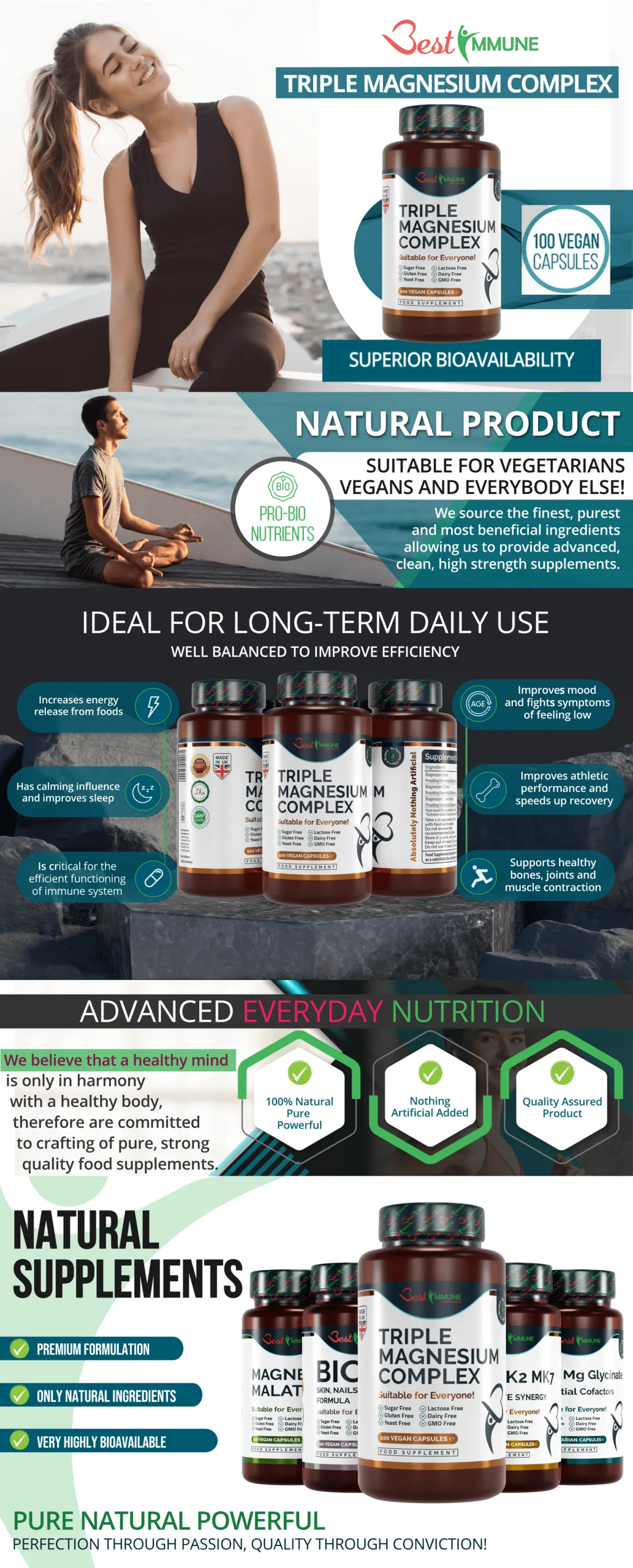 Product infographic for Best Immune Triple Magnesium Complex supplement detailing key benefits and features.