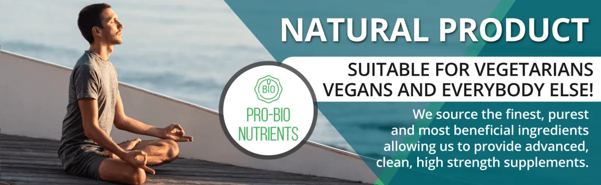 A man meditating outdoors next to natural product details for Pro-Bio Nutrients.