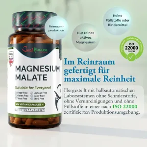Natürliches Magnesiummalat 500 mg – Premium-Qualität, ideale Stärke, 100 vegane Kapseln Dose Magnesium Malate Kapseln neben Hinweisen zur Reinraumproduktion.