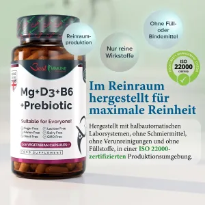 Immune Boost Magnesium, Vitamine B6 & D3 und Präbiotikum Inulin – natürlicher Komplex Kapseldose von Mg+D3+B6 +Prebiotic neben Informationen zur Reinraumherstellung.