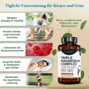 Fortschrittlicher Dreifach-Magnesiumkomplex – ideale Stärke, Magnesiumcitrat, L-Ascorbat & Oxid, 100 vegane Kapseln, Naturprodukt Dose Triple Magnesium Complex neben einer Liste der Produktvorteile und Symbolbildern.