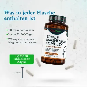 Fortschrittlicher Dreifach-Magnesiumkomplex – ideale Stärke, Magnesiumcitrat, L-Ascorbat & Oxid, 100 vegane Kapseln, Naturprodukt Triple-Magnesium-Dose mit Kapseln und Angabe der Kapselgröße von 21,7 mm.
