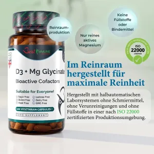 D3 + Magnesiumglycinat Bioaktiver Komplex – Premium-Qualität, Naturprodukt Dose D3 + Magnesium Glycinat Kapseln neben Informationen zur Reinraumproduktion.