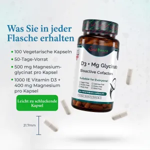Dose D3 und Magnesiumglycinat mit Kapseln, Maßangabe von 21,7 mm und Angaben zum Flascheninhalt.