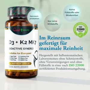 Natürliches Vitamin D3 2000IU K2 MK7 100mcg – 100 Kapseln in Pharmaqualität Vorderansicht der Dose Best Immune D3 + K2 MK7 Kapseln mit Produktinformationen.
