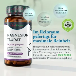 Natürliches Magnesiumtaurat 500 mg – Premium-Qualität, ideale Stärke, 100 vegane Kapseln, höchste Bioverfügbarkeit Eine Dose Magnesium-Taurat-Kapseln neben Informationen zur Reinraumherstellung.