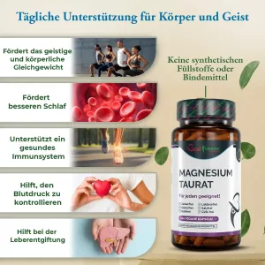 Natürliches Magnesiumtaurat 500 mg – Premium-Qualität, ideale Stärke, 100 vegane Kapseln, höchste Bioverfügbarkeit Produktflasche Magnesium Taurat neben einer Infografik zu Produkteigenschaften.