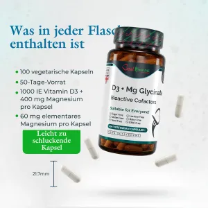 Magnesiumglycinat + D3 mit essenziellen Cofaktoren – Komplex in Premium-Qualität, Naturprodukt Dose D3 und Magnesiumglycinat mit Kapseln, Größenangabe von 21,7 mm und Inhaltsübersicht.