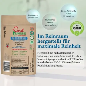 Verbessertes Magnesiumglycinat 500 mg – ohne künstliche Zusätze, 100 vegane Kapseln, Öko-Packung Standbeutel mit Magnesium-Glycinat-Kapseln und Details zur Reinraumherstellung.