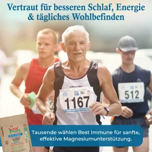 Verbessertes Magnesiumglycinat 500 mg – ohne künstliche Zusätze, 100 vegane Kapseln, Öko-Packung Ein älterer Läufer bei einem Marathon neben einer Packung Magnesium Glycinat.
