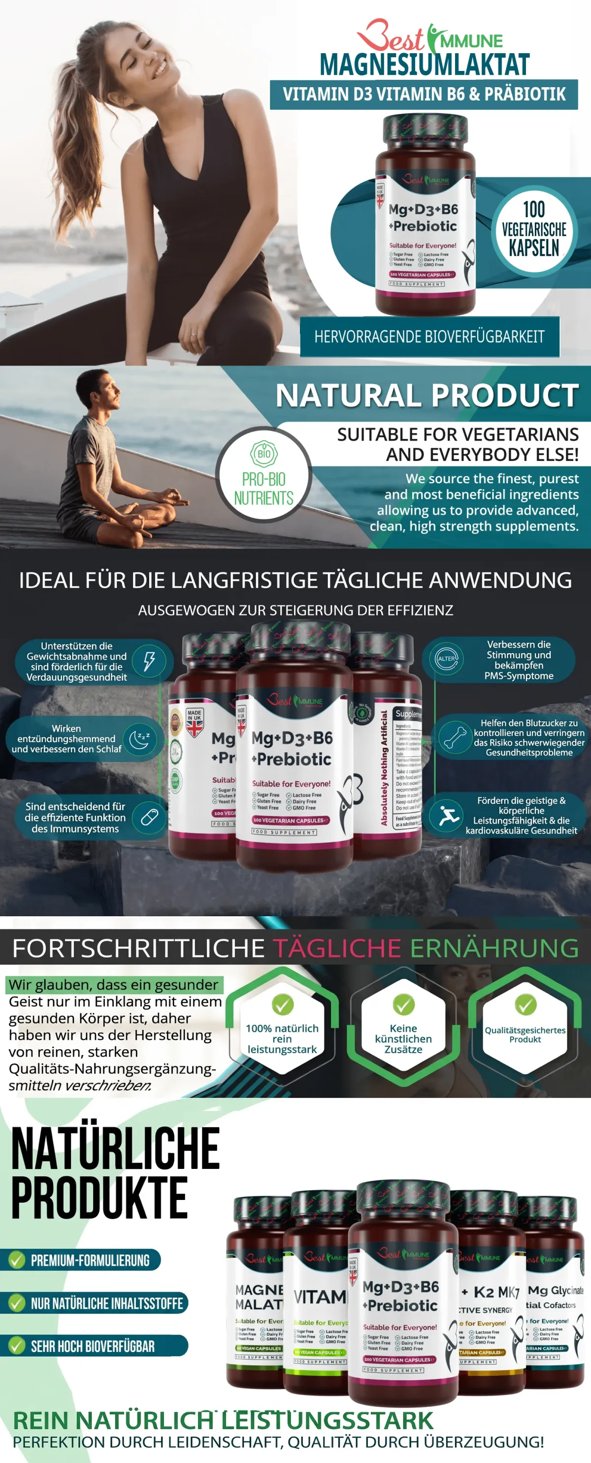 Infografik zu Best Immune Magnesium Laktat mit Produktvorteilen, Eigenschaften und Qualitätsmerkmalen.