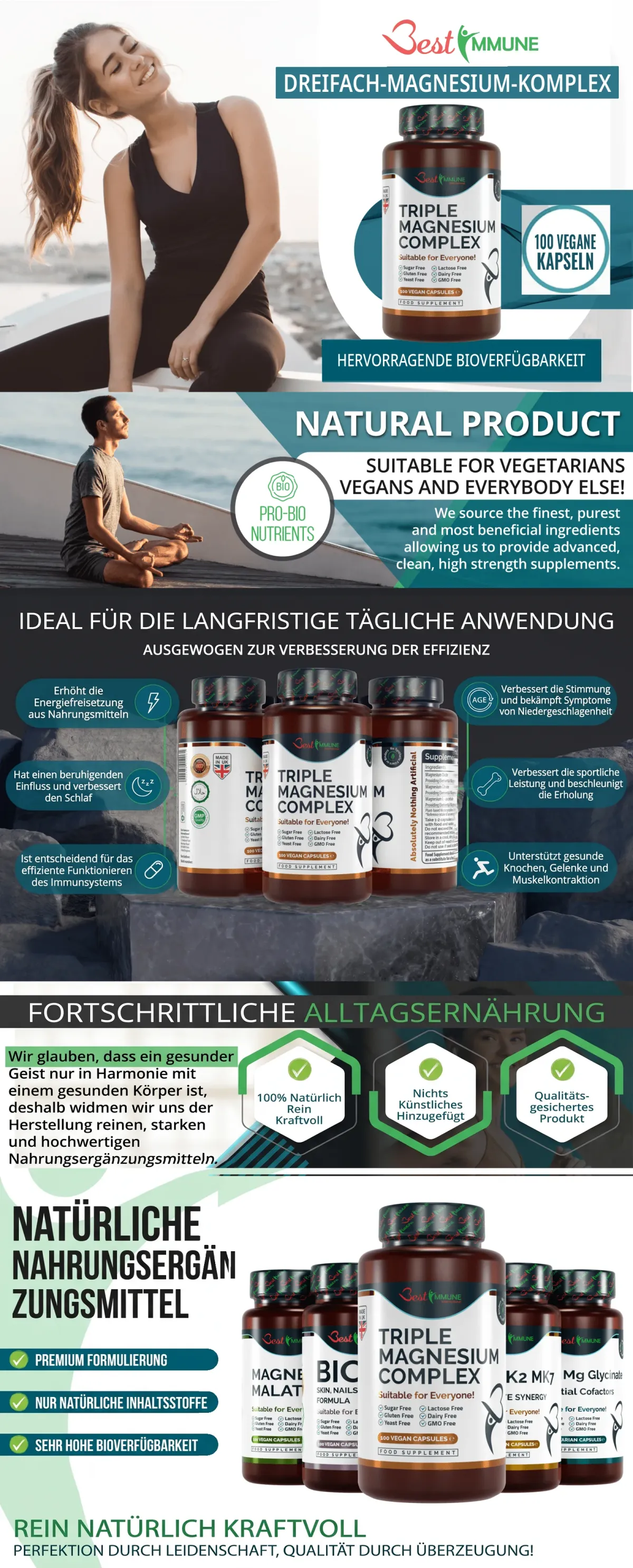 Infografik zum Dreifach-Magnesium-Komplex von Best Immune mit Vorteilen und Produktmerkmalen.