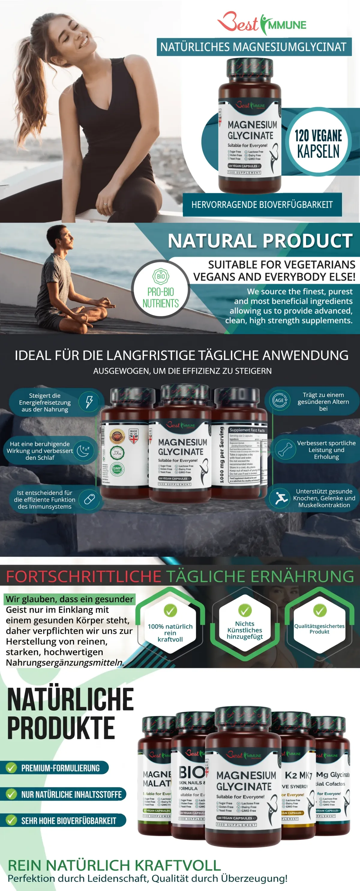 Produktgrafik für natürliches Magnesiumglycinat von Best Immune mit Vorteilen und Produkteigenschaften.