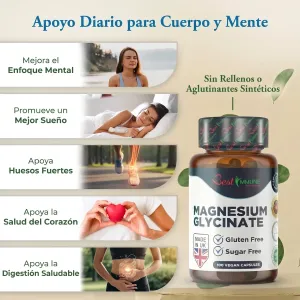 Bisglicinato de magnesio mejorado 500mg, sin nada artificial, 100 cápsulas veganas Frasco de Magnesium Glycinate junto a una infografía con una lista de beneficios.