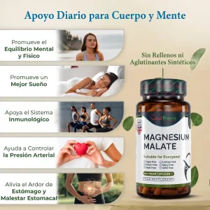 Malato de magnesio natural 500mg, calidad premium, potencia ideal, 100 cápsulas veganas Frasco de cápsulas de malato de magnesio junto a una lista ilustrada de beneficios.