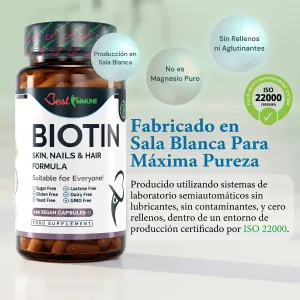 Biotina, fórmula para cabello, piel y uñas, calidad premium, producto natural Frente del frasco de cápsulas de biotina Best Immune con detalles sobre su fabricación.