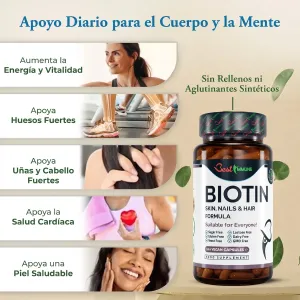 Biotina, fórmula para cabello, piel y uñas, calidad premium, producto natural Frasco de biotina junto a una infografía con lista de beneficios e imágenes ilustrativas.