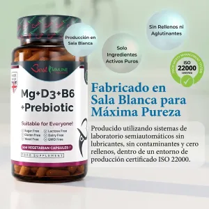 Immune Boost: magnesio, vitaminas B6 y D3 e inulina prebiótica, complejo natural Frasco de cápsulas Mg+D3+B6+Prebiotic junto a especificaciones de fabricación.