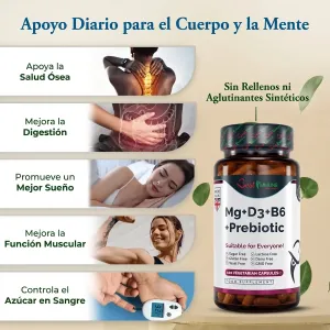 Immune Boost: magnesio, vitaminas B6 y D3 e inulina prebiótica, complejo natural Frasco del suplemento junto a una infografía con una lista de beneficios.