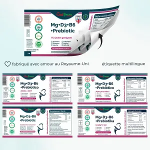 Immune Boost: magnesio, vitaminas B6 y D3 e inulina prebiótica, complejo natural Etiquetas multilingües del producto con información nutricional e ingredientes.