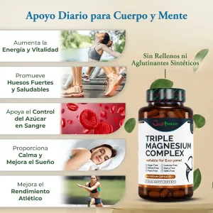 Complejo avanzado de triple magnesio, potencia ideal: citrato, L-ascorbato y óxido de magnesio, 100 cápsulas veganas, producto natural Frasco de Triple Magnesium Complex junto a una lista de beneficios.