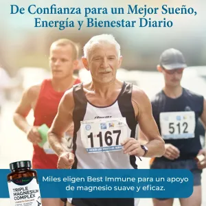 Complejo avanzado de triple magnesio, potencia ideal: citrato, L-ascorbato y óxido de magnesio, 100 cápsulas veganas, producto natural Corredores en una carrera junto a un frasco de Triple Magnesium Complex.