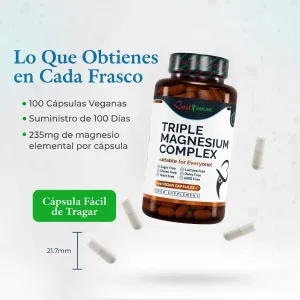 Complejo avanzado de triple magnesio, potencia ideal: citrato, L-ascorbato y óxido de magnesio, 100 cápsulas veganas, producto natural Frasco de Triple Magnesium Complex junto a cápsulas sueltas y la medida de su tamaño de 21,7 mm.