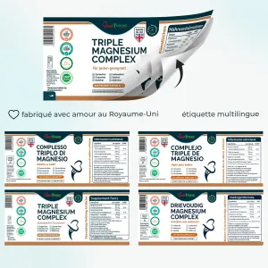 Complejo avanzado de triple magnesio, potencia ideal: citrato, L-ascorbato y óxido de magnesio, 100 cápsulas veganas, producto natural Etiqueta desplegable del complejo de magnesio con información nutricional en varios idiomas.