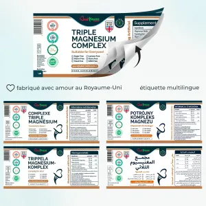 Complejo avanzado de triple magnesio, potencia ideal: citrato, L-ascorbato y óxido de magnesio, 100 cápsulas veganas, producto natural Etiqueta desplegable del suplemento con información nutricional e ingredientes en varios idiomas.