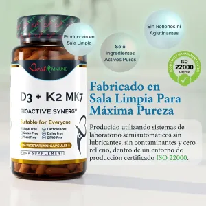 Vitamina D3 natural 2000IU + K2 MK7 100mcg, 100 cápsulas de calidad farmacéutica Frasco de cápsulas de vitamina D3 y K2 junto a información sobre su fabricación y certificación ISO.