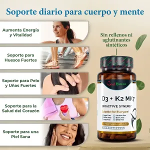 Vitamina D3 natural 2000IU + K2 MK7 100mcg, 100 cápsulas de calidad farmacéutica Frasco de cápsulas D3 y K2 junto a una lista ilustrada de beneficios diarios.