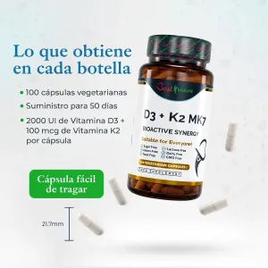 Vitamina D3 natural 2000IU + K2 MK7 100mcg, 100 cápsulas de calidad farmacéutica Frasco de D3 + K2 MK7 junto a cápsulas sueltas y diagrama con su tamaño de 21,7 mm.