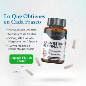 Bisglicinato de magnesio natural 1000mg por dosis, calidad premium, potencia ideal, 120 cápsulas veganas, máxima biodisponibilidad Frasco de glicinato de magnesio rodeado de cápsulas y la indicación de su tamaño de 21,7 mm.
