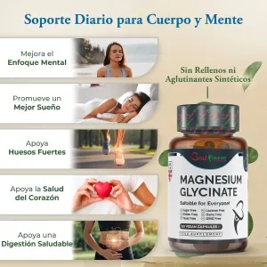 Bisglicinato de magnesio natural 1000mg por dosis, calidad premium, potencia ideal, 120 cápsulas veganas, máxima biodisponibilidad Frasco de glicinato de magnesio junto a una lista ilustrada de beneficios.