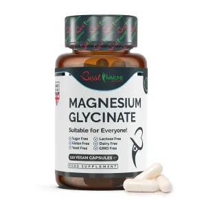 Bisglicinato de magnesio natural 1000mg por dosis, calidad premium, potencia ideal, 120 cápsulas veganas, máxima biodisponibilidad Frasco de glicinato de magnesio Best Immune con tres cápsulas blancas al frente.
