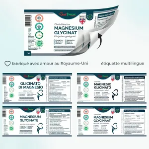Bisglicinato de magnesio natural 1000mg por dosis, calidad premium, potencia ideal, 120 cápsulas veganas, máxima biodisponibilidad Etiqueta multilingüe y tabla nutricional del suplemento de glicinato de magnesio.