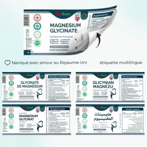 Bisglicinato de magnesio natural 1000mg por dosis, calidad premium, potencia ideal, 120 cápsulas veganas, máxima biodisponibilidad Etiqueta desplegable del suplemento de glicinato de magnesio en varios idiomas.