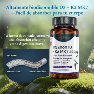 Frasco de vitamina D3 y K2 junto a un diagrama de absorción intestinal.