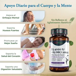 Vitamina D3 natural 4000IU + K2 MK7 200mcg, 100 cápsulas de calidad farmacéutica Frasco de vitamina D3 y K2 junto a una lista ilustrada de beneficios.